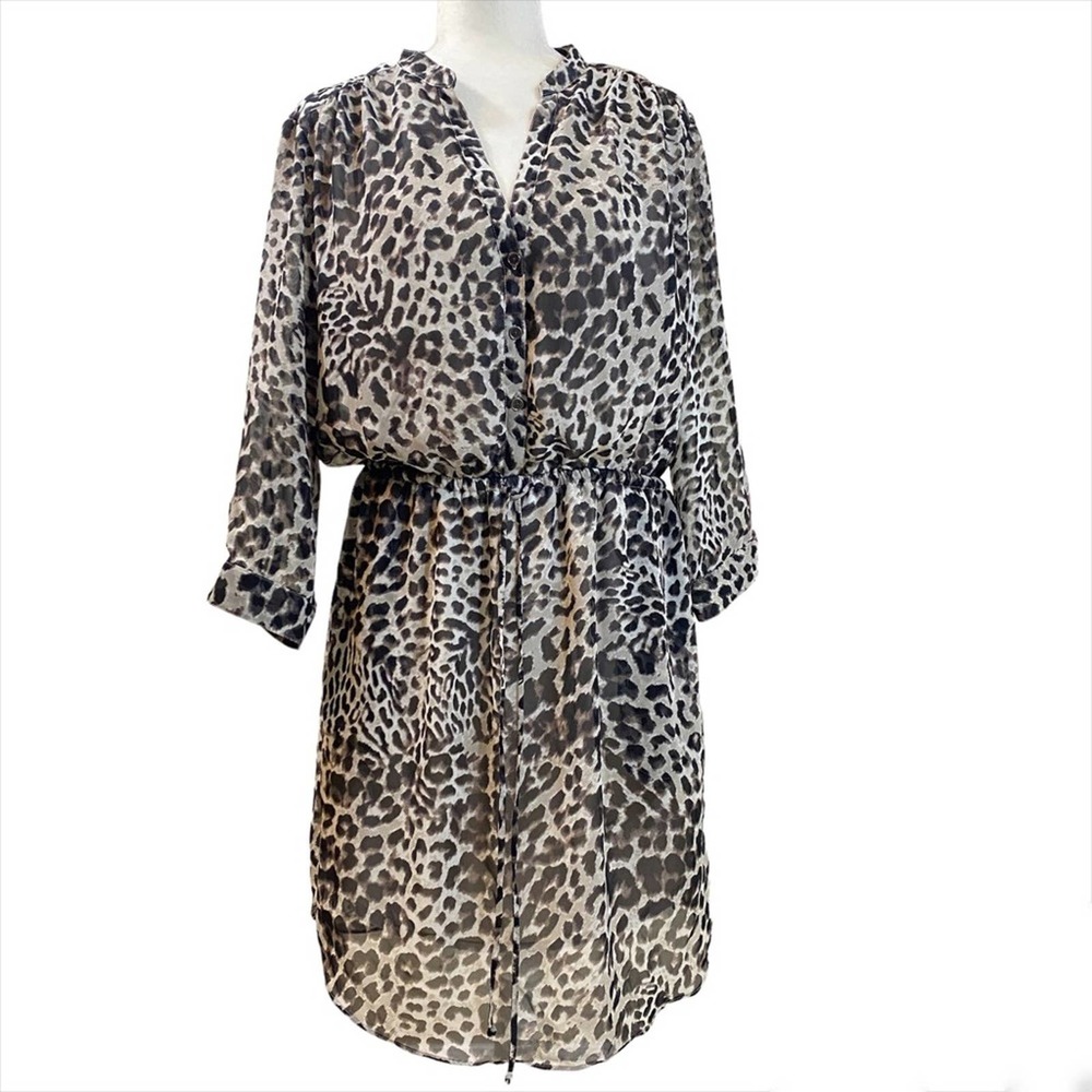 Vince Camuto sheer leopard lined cinch waist dress size 12 v-neck 3/4 sleeves